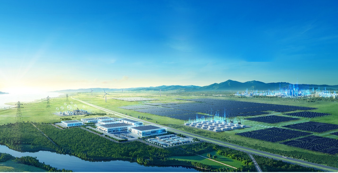A smart energy hub with solar panels, wind turbines, BESS units, and factories interconnected under a blue sky.