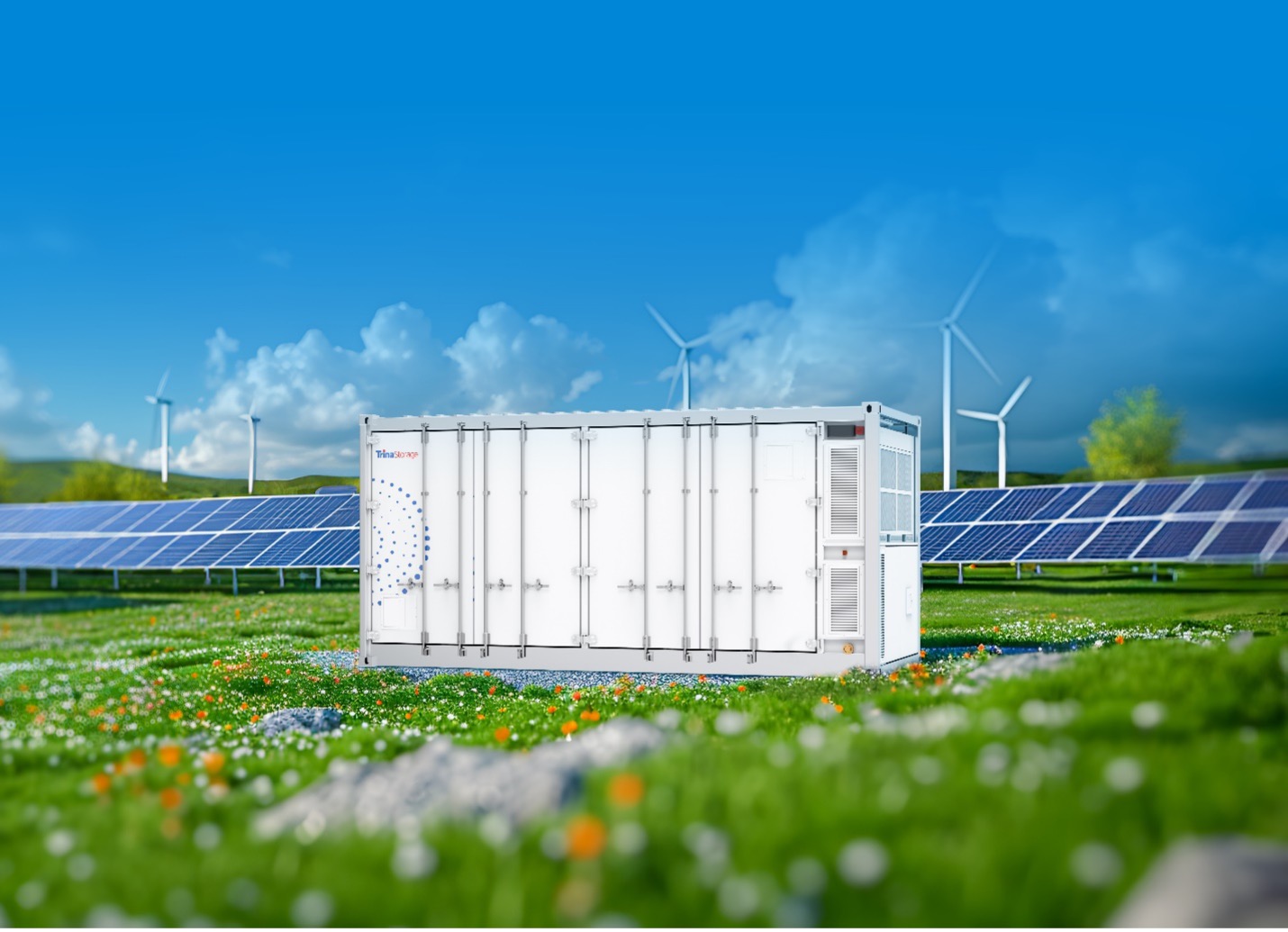Trina Storage Elementa 2 Pro battery energy storage container deployed in a solar farm with wind turbines in the background, symbolizing renewable energy integration.