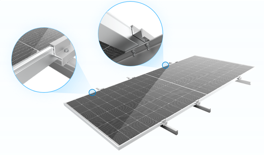 Close up of dual-fastening and triple-beam solar installation with Trinasolar’s Shield module.